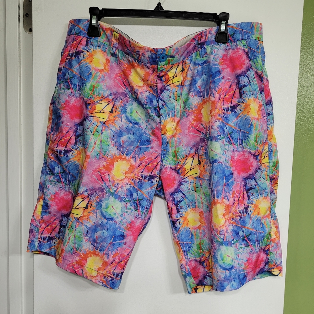 Hreski Shorts Men Sz 38 All Over Print Golf Chino Paint Splatter Color Explosion